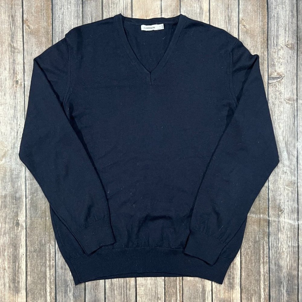 J Lindberg Merino Wool V Neck Sweater XL Blue Men Long Sleeve Pullover Knit Golf